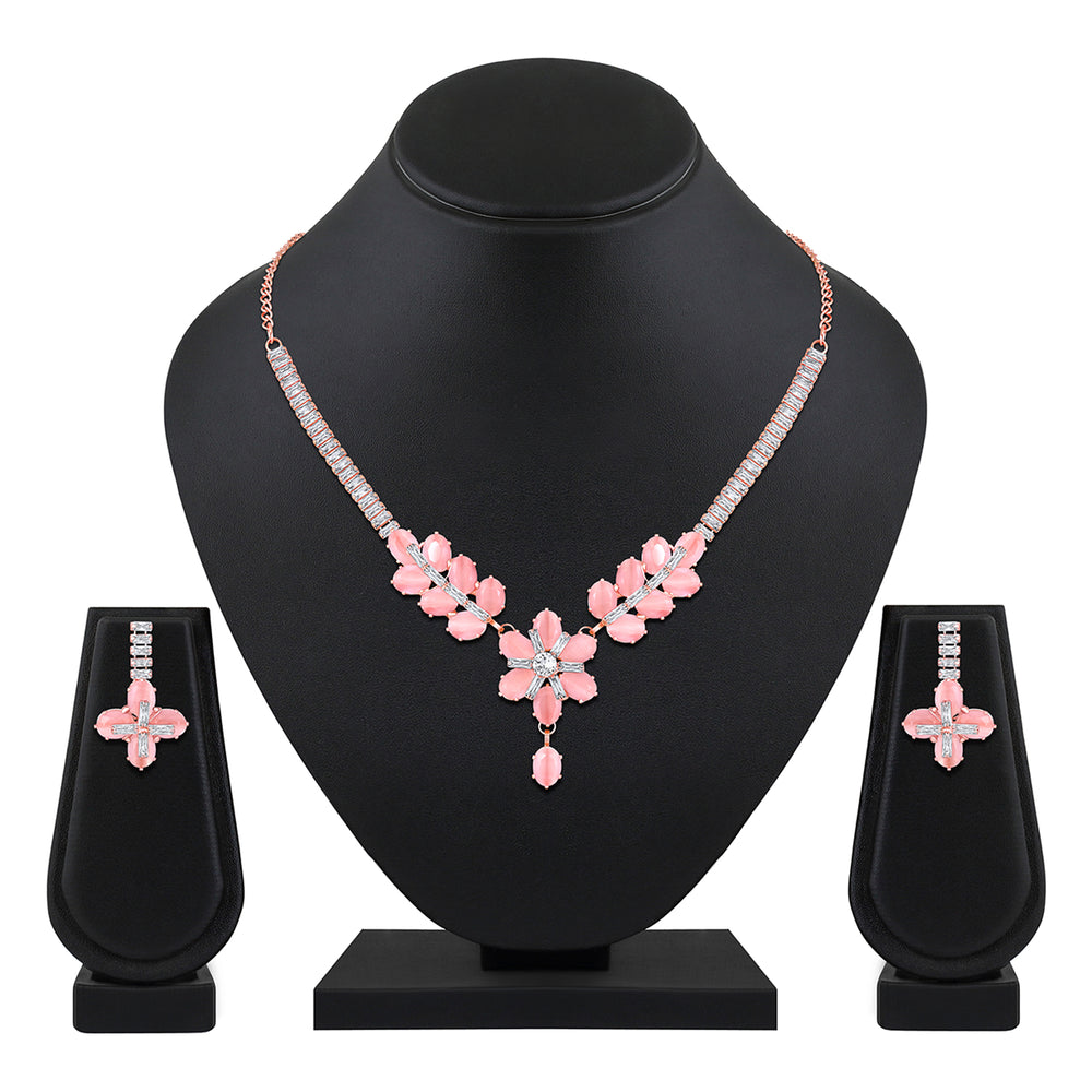 Elegant Floral CZ Necklace Paired with a Pair of Earrings