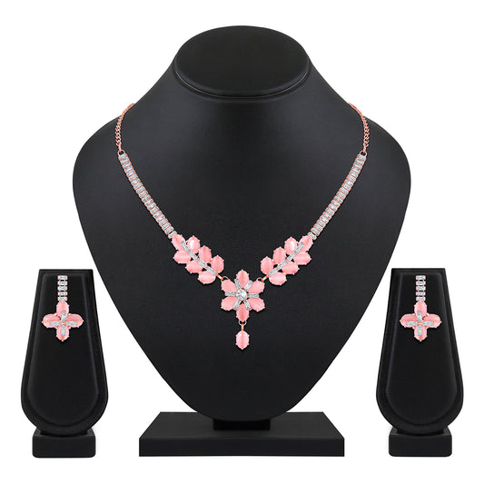 Elegant Floral CZ Necklace Paired with a Pair of Earrings