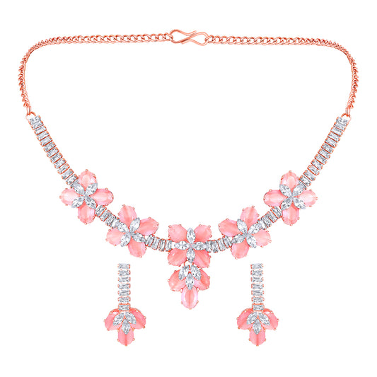 Elegant Floral CZ Necklace Paired with a Pair of Earrings