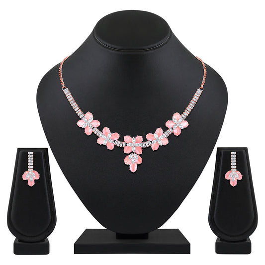Elegant Floral CZ Necklace Paired with a Pair of Earrings