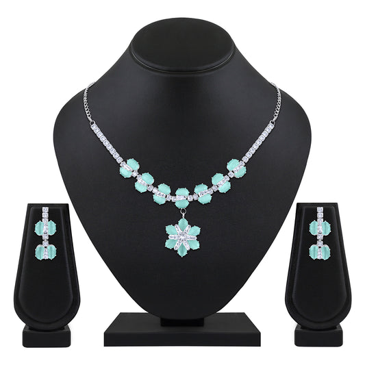 Elegant Floral CZ Necklace Paired with a Pair of Earrings