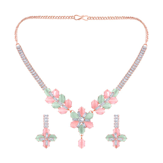 Elegant Floral CZ Necklace Paired with a Pair of Earrings
