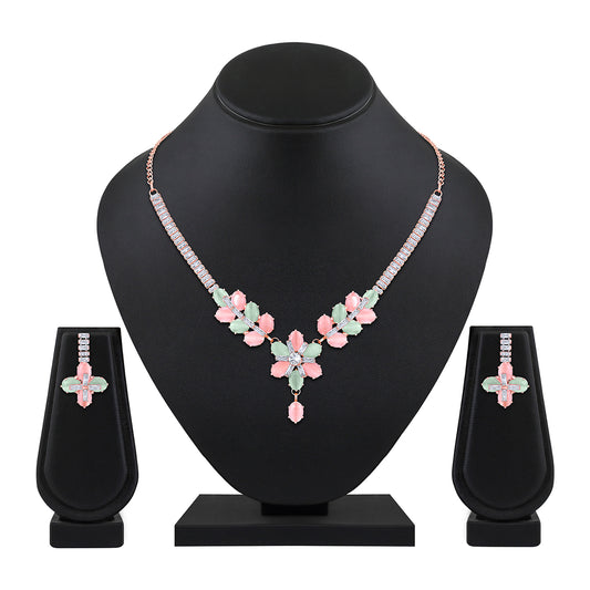 Elegant Floral CZ Necklace Paired with a Pair of Earrings