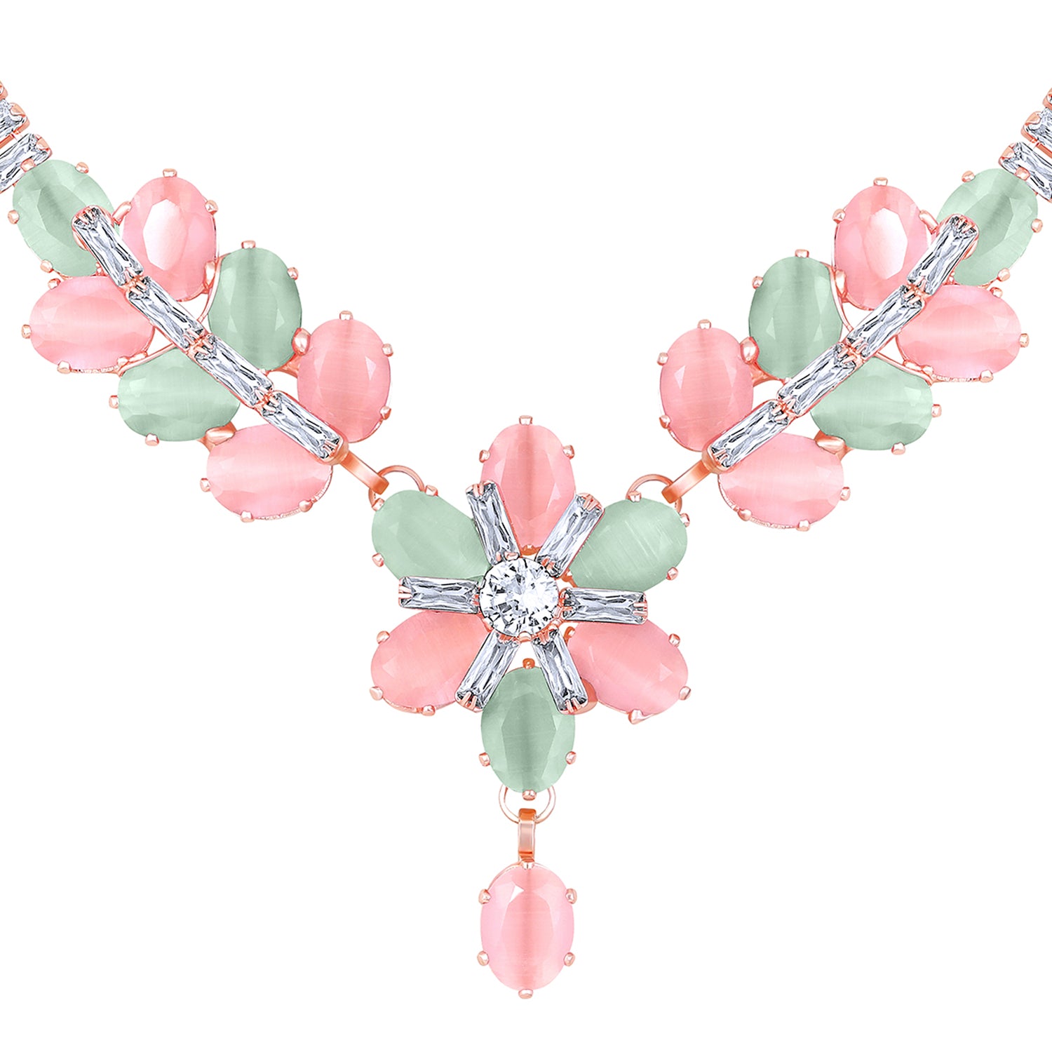 Elegant Floral CZ Necklace Paired with a Pair of Earrings