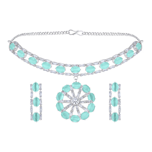 Elegant Floral CZ Necklace Paired with a Pair of Earrings