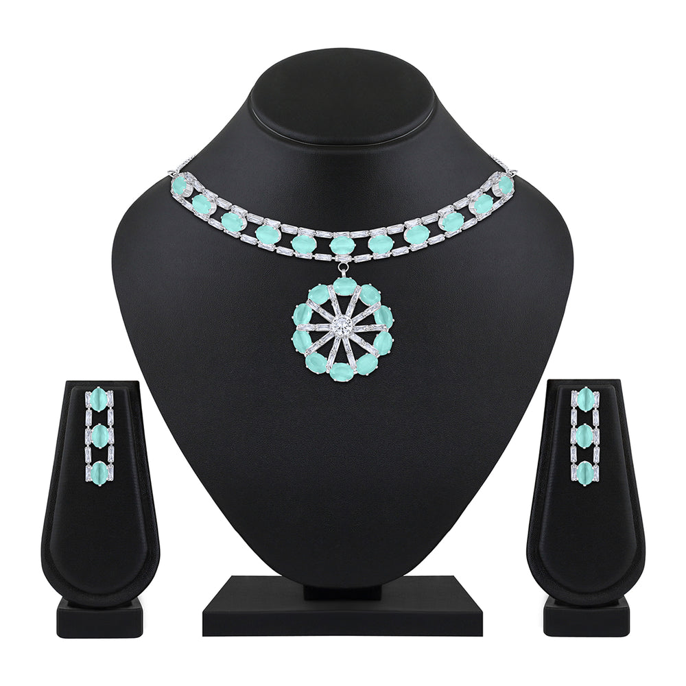 Elegant Floral CZ Necklace Paired with a Pair of Earrings