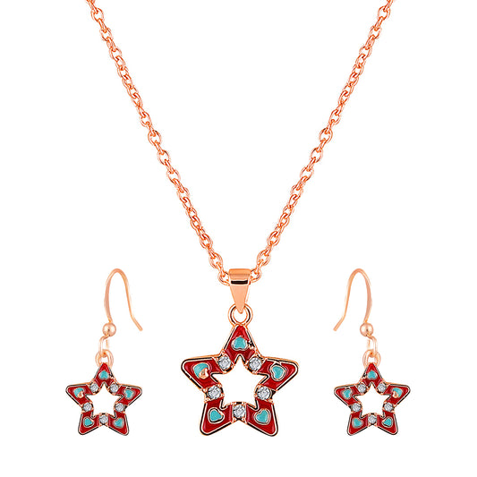 Red Meenakari Work and Crystals Star Pendant Set