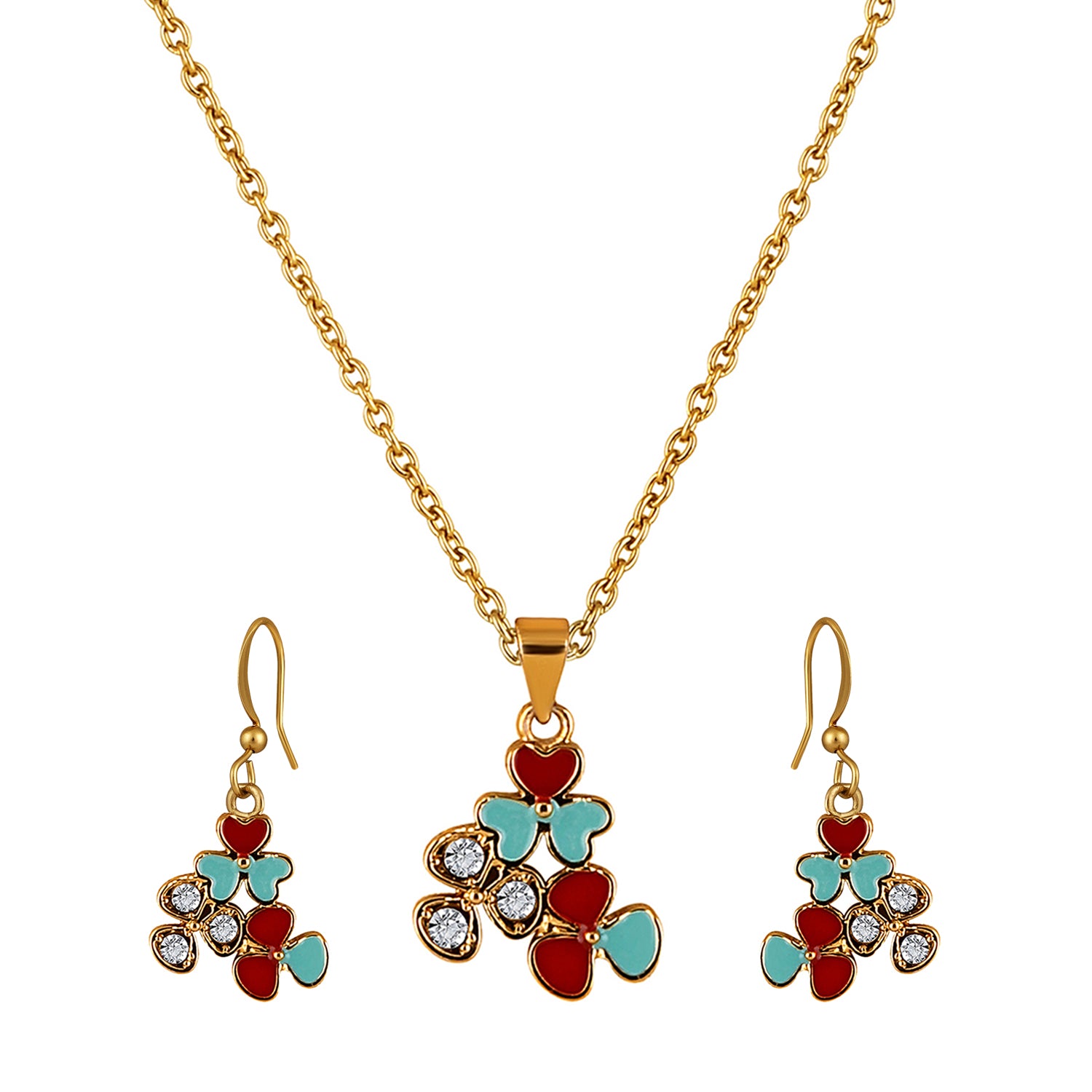 Red and Pink Meenakari Work and Crystals Floral Pendant Set