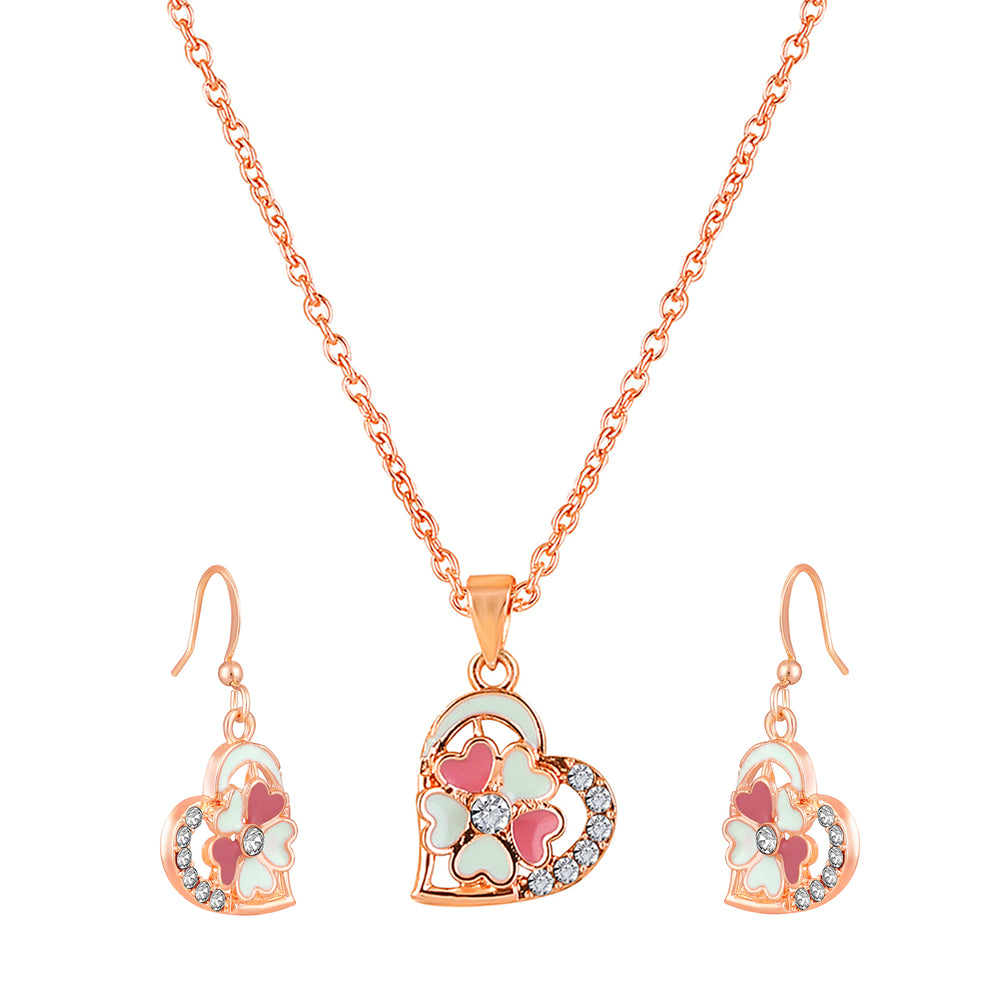 Red and Pink Meenakari Work and Crystals Floral Heart Pendant Set