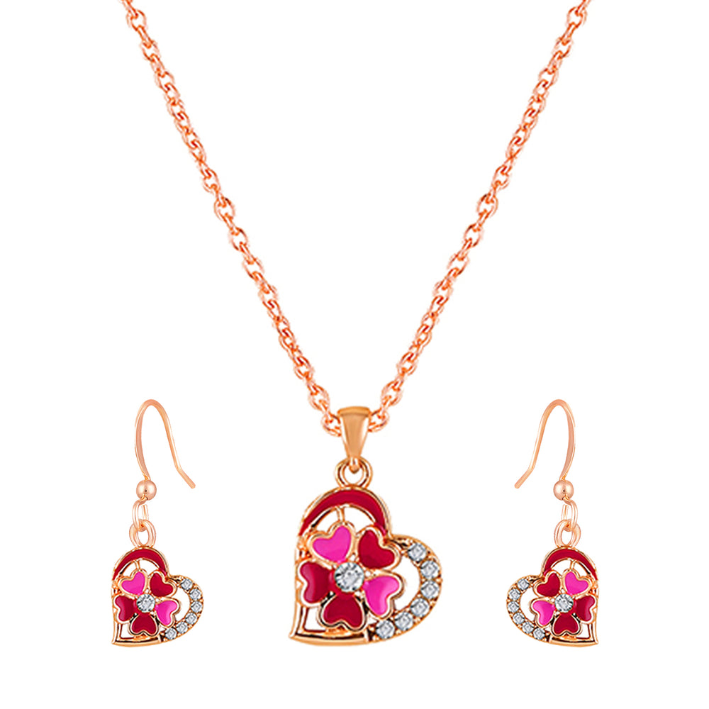 Red and Pink Meenakari Work and Crystals Floral Heart Pendant Set