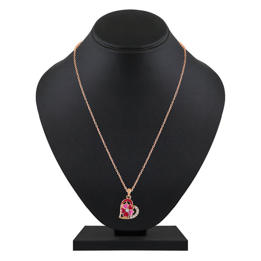Red and Pink Meenakari Work and Crystals Floral Heart Pendant Set