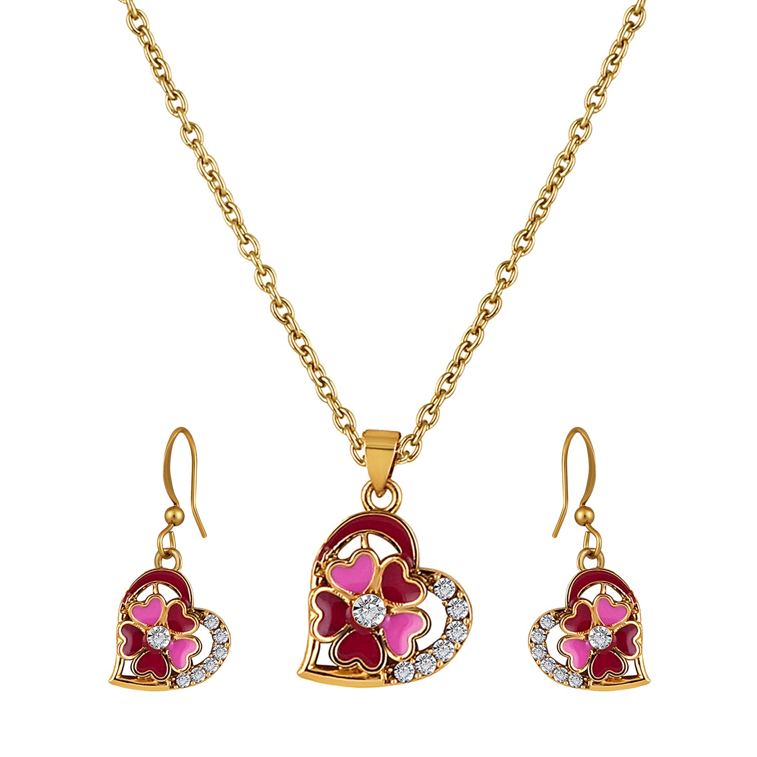 Red and Pink Meenakari Work and Crystals Floral Heart Pendant Set