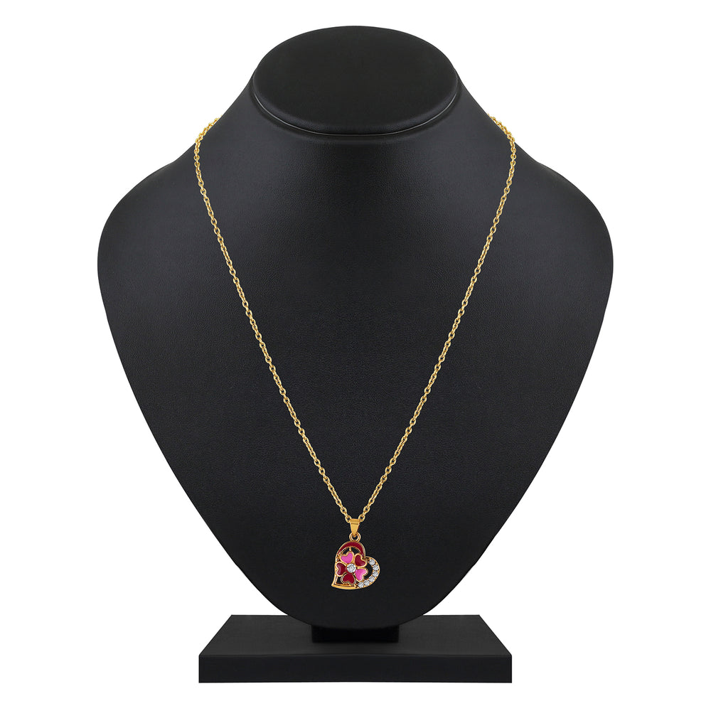 Red and Pink Meenakari Work and Crystals Floral Heart Pendant Set