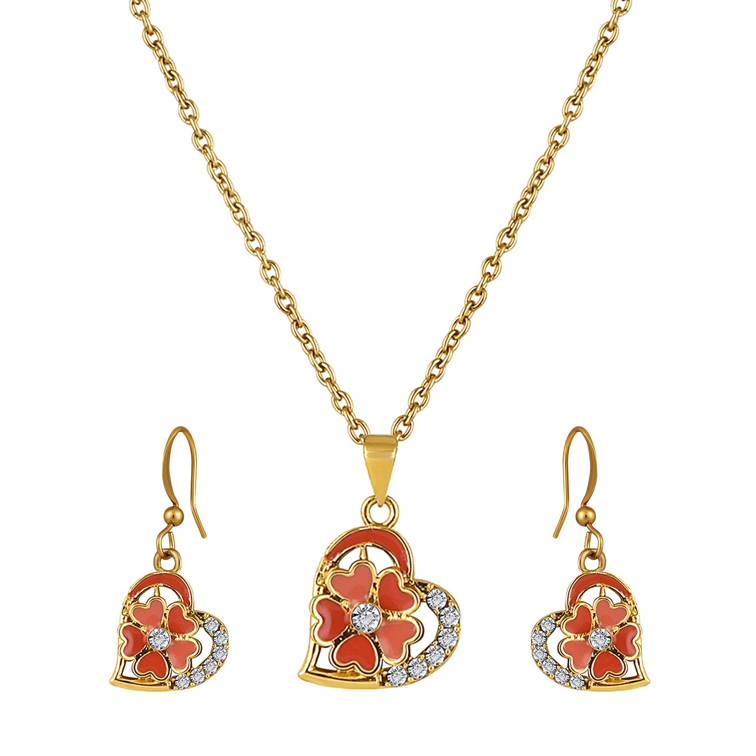 Red and Pink Meenakari Work and Crystals Floral Heart Pendant Set