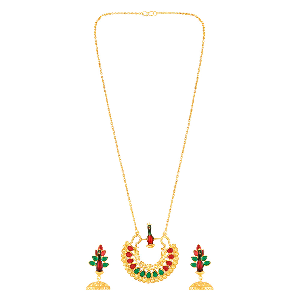 Meenakari Enamel Dancing Peacock-Shaped Pendant and Dangler Jhumka Earrings