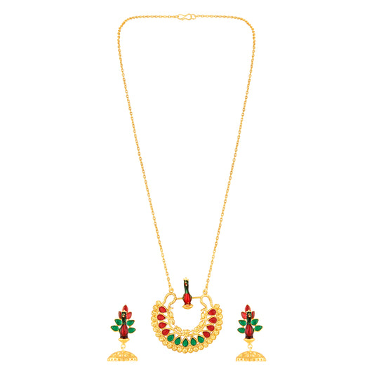 Meenakari Enamel Dancing Peacock-Shaped Pendant and Dangler Jhumka Earrings