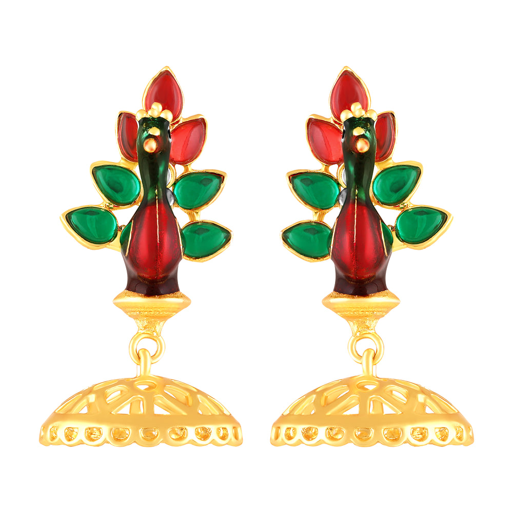 Meenakari Enamel Dancing Peacock-Shaped Pendant and Dangler Jhumka Earrings