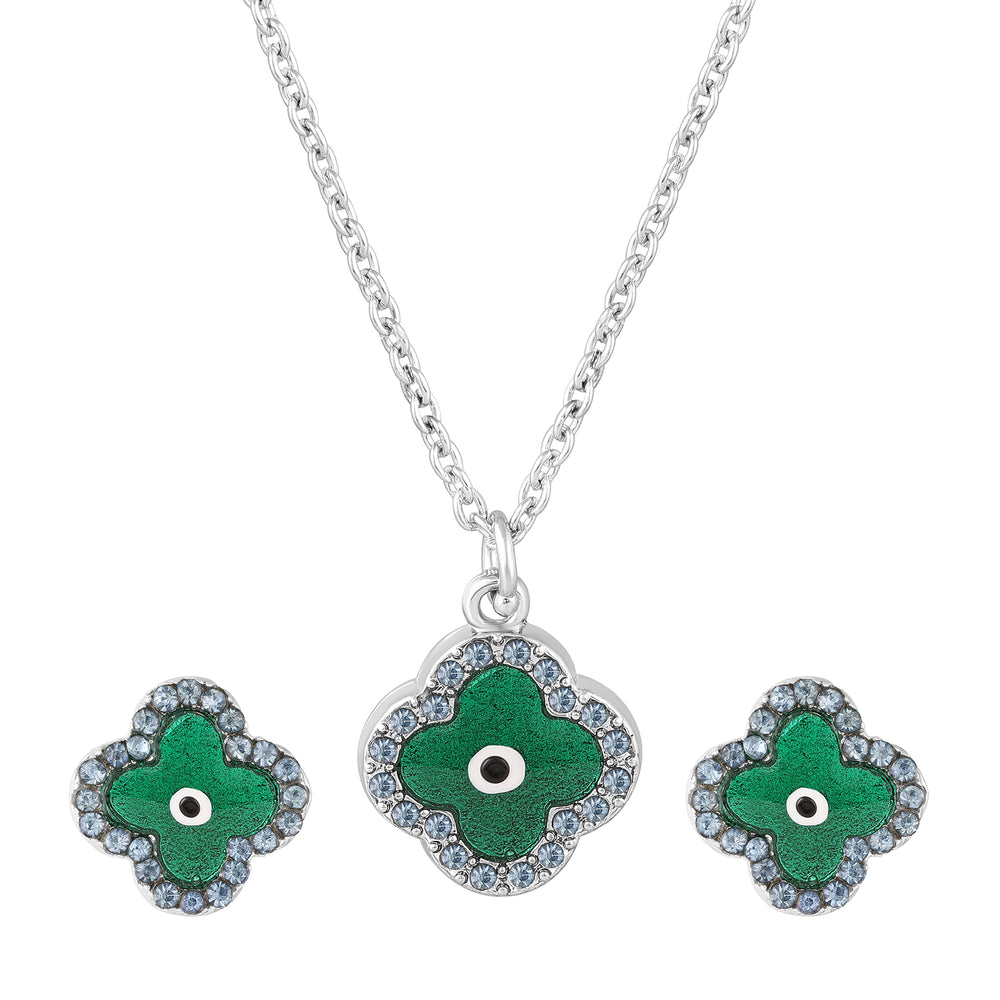 Green Floral Evil Eye Meenakari Work Pendant Set