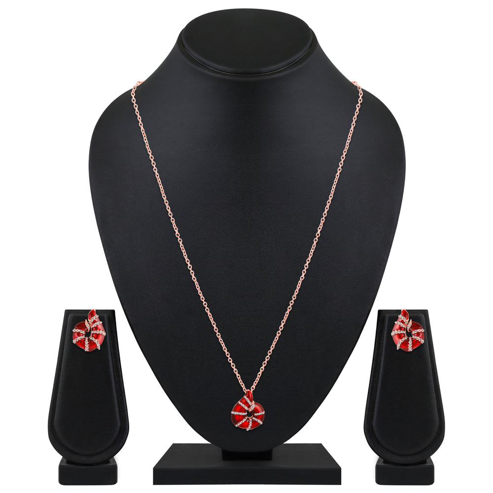Red Meenakari Work Shell-Shaped Pendant and Earrings Set with Crystal Accents