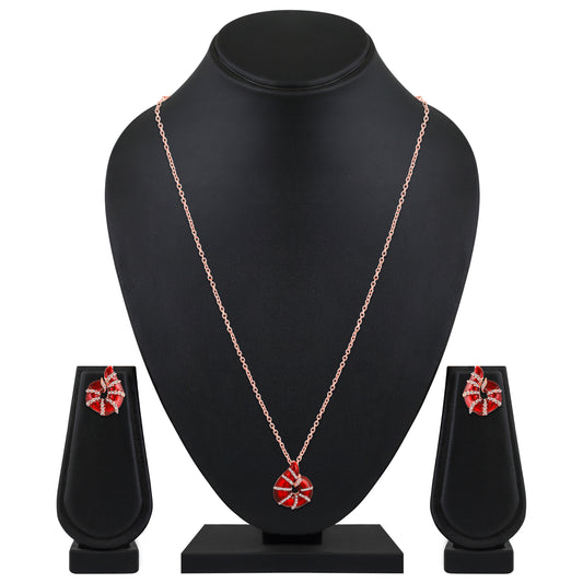 Red Meenakari Work Shell-Shaped Pendant and Earrings Set with Crystal Accents