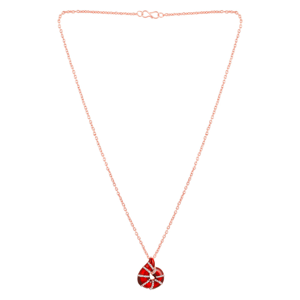 Red Meenakari Work Shell-Shaped Pendant and Earrings Set with Crystal Accents