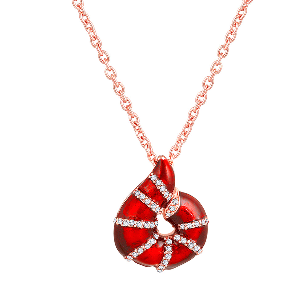 Red Meenakari Work Shell-Shaped Pendant and Earrings Set with Crystal Accents