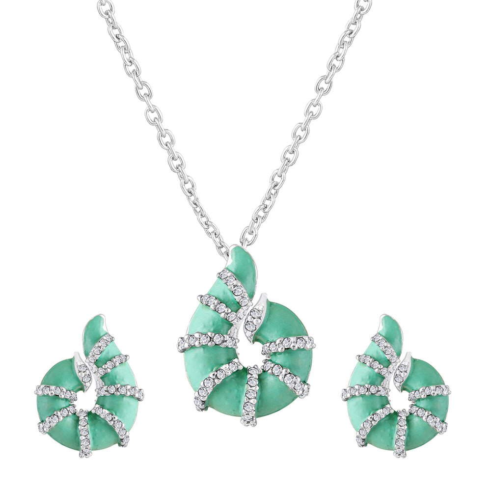 Red Meenakari Work Shell-Shaped Pendant and Earrings Set with Crystal Accents