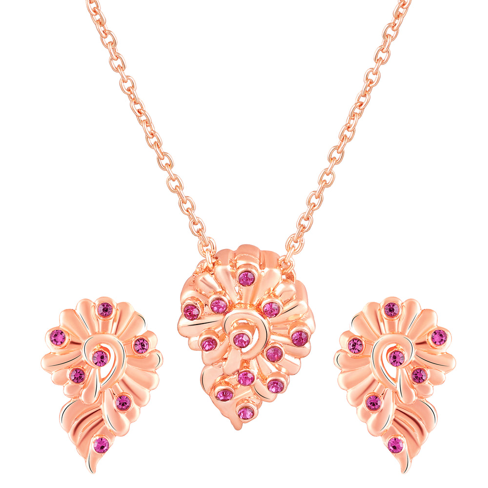Leaf Motif Pendant Set with Pink Crystals