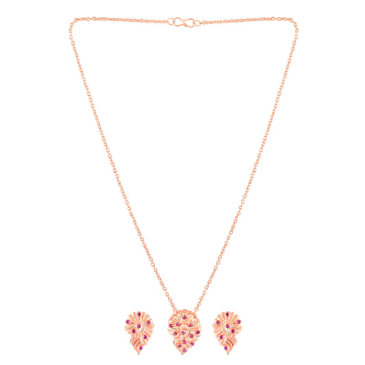 Leaf Motif Pendant Set with Pink Crystals