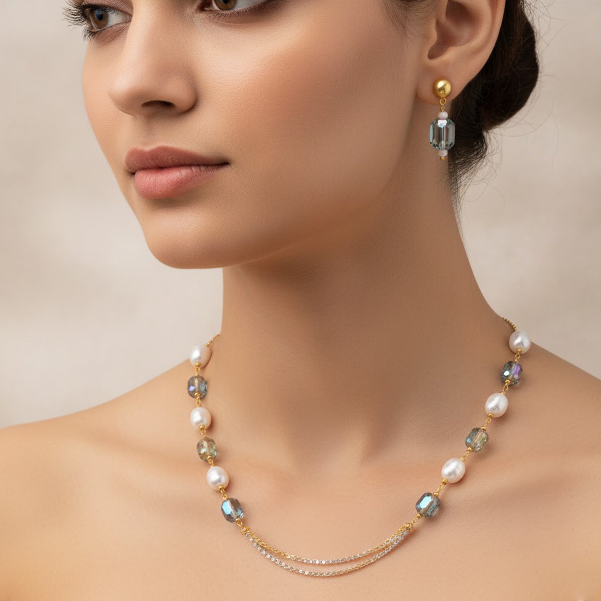 Elegant Necklace Matching Earrings with Artificial Pearls