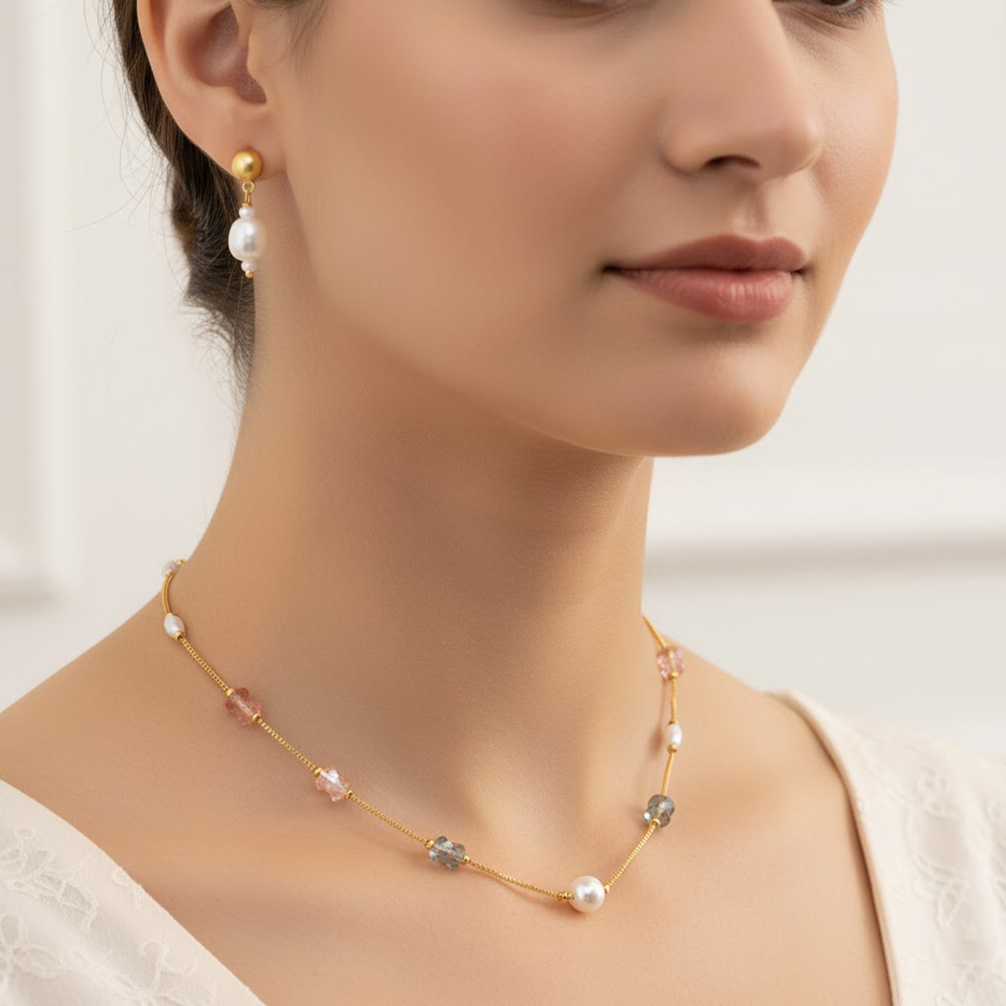 Elegant Artificial Pearl & Crystal Bead Necklace Set