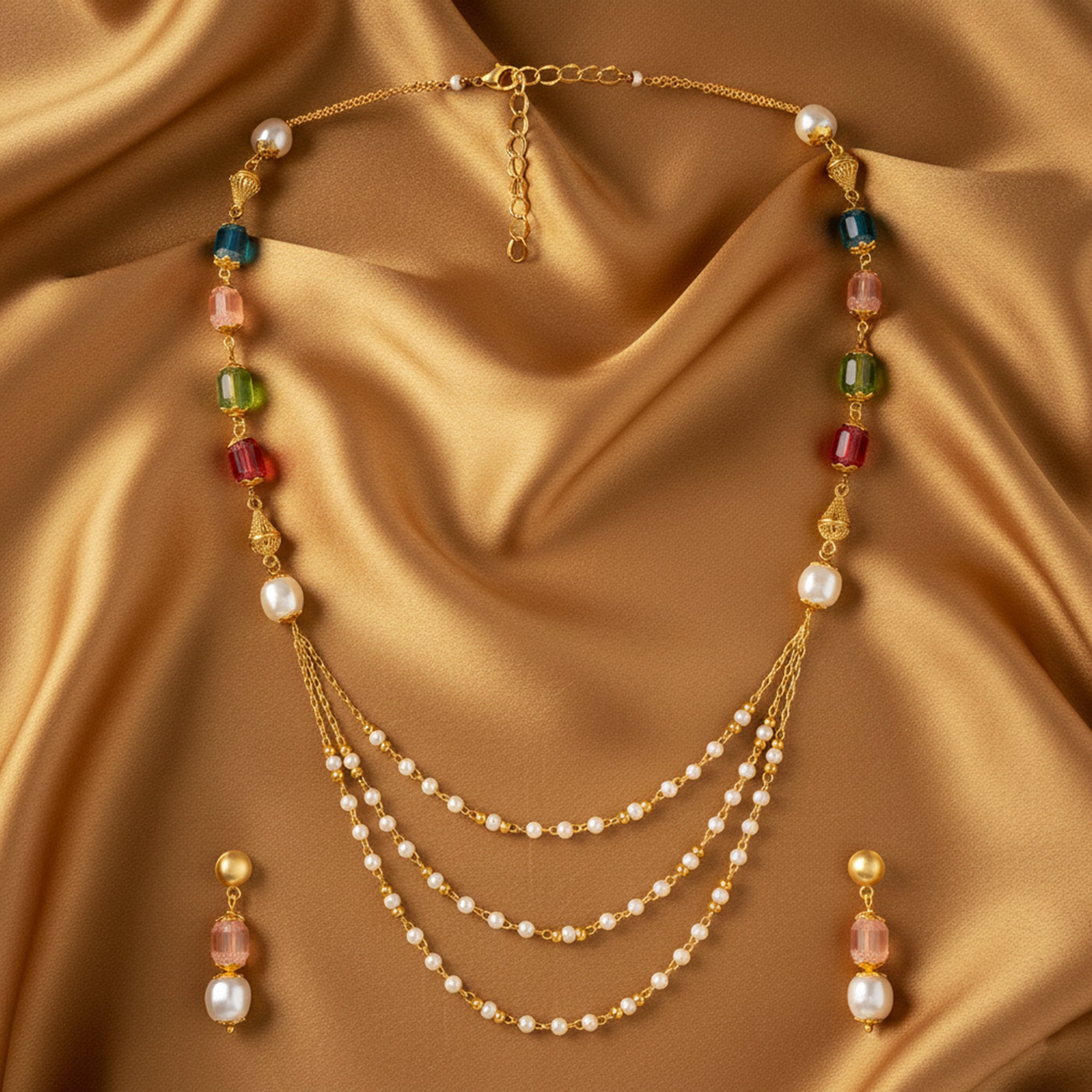 Stylish Multilayer Necklace with Drop Earrings