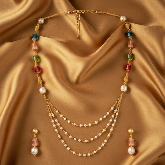 Stylish Multilayer Necklace with Drop Earrings