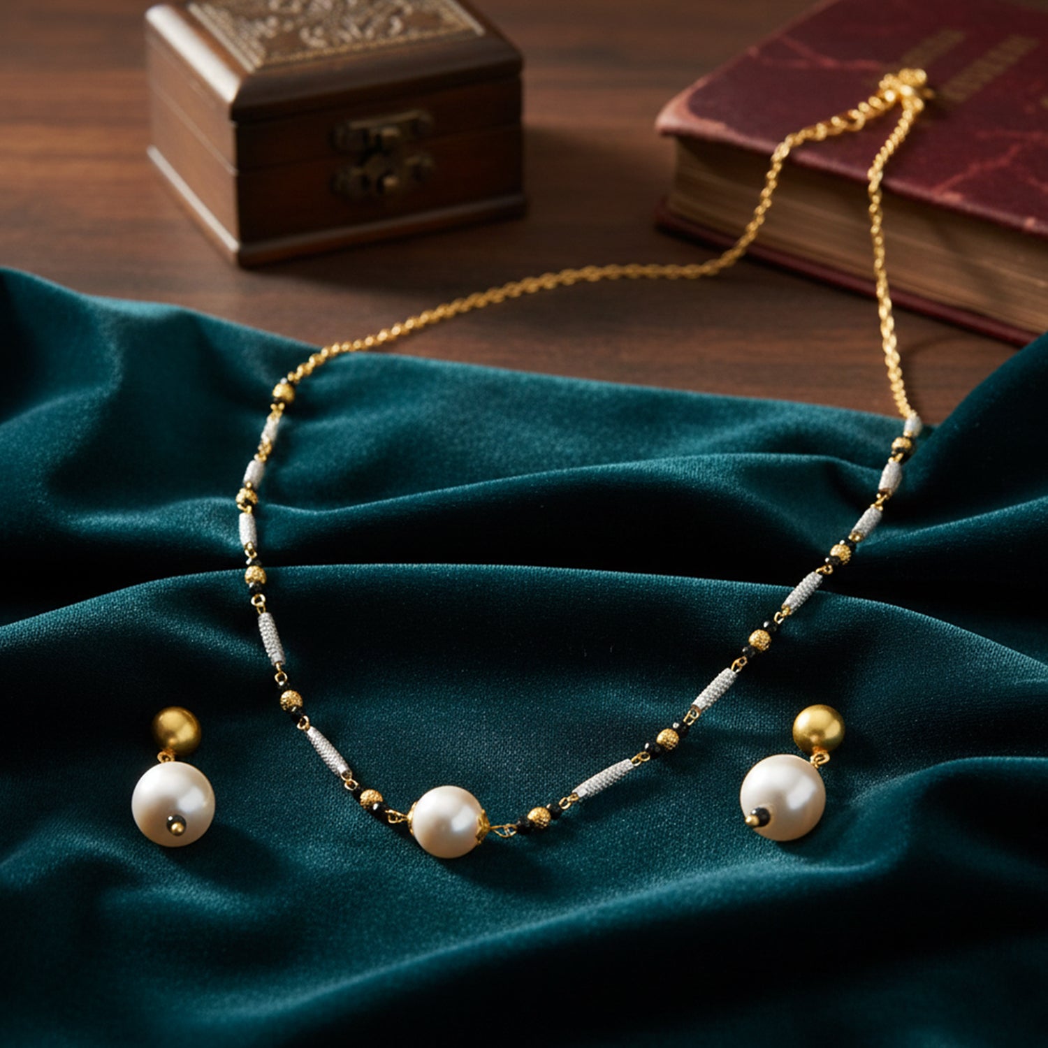 Artificial Pearl Mangalsutra Necklace with Matching Drop Earrings
