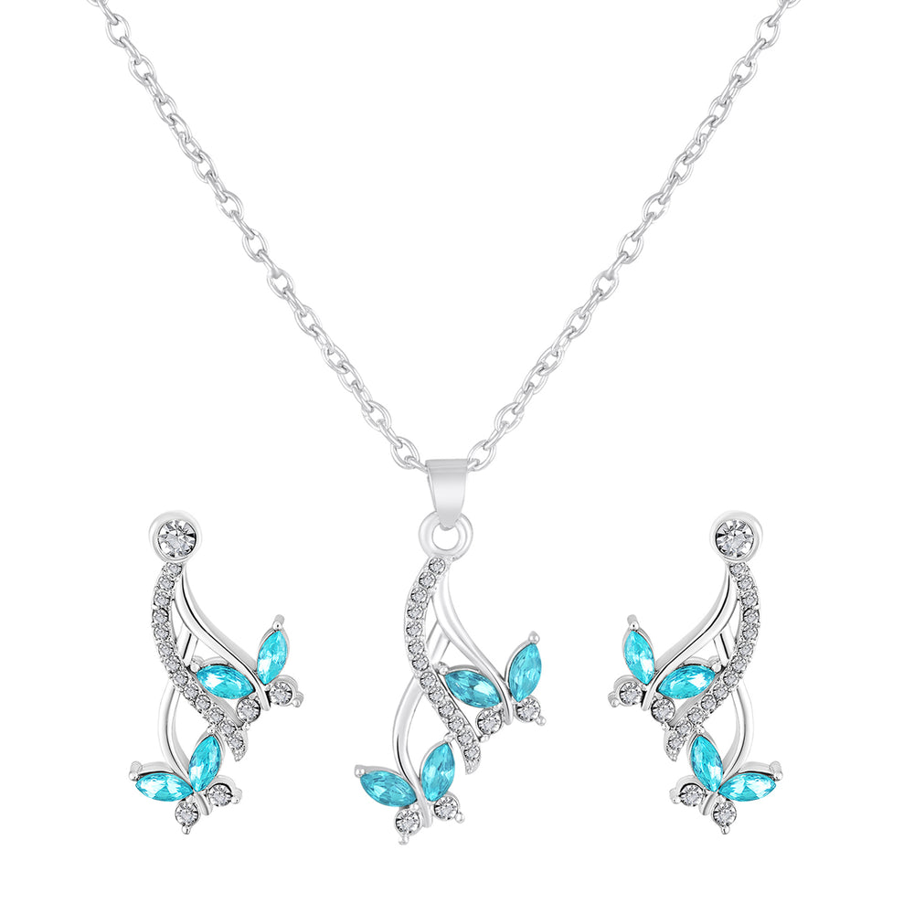 Aqua Blue Butterfly-Shaped Pendant Necklace Set