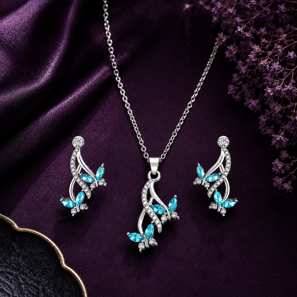 Aqua Blue Butterfly-Shaped Pendant Necklace Set