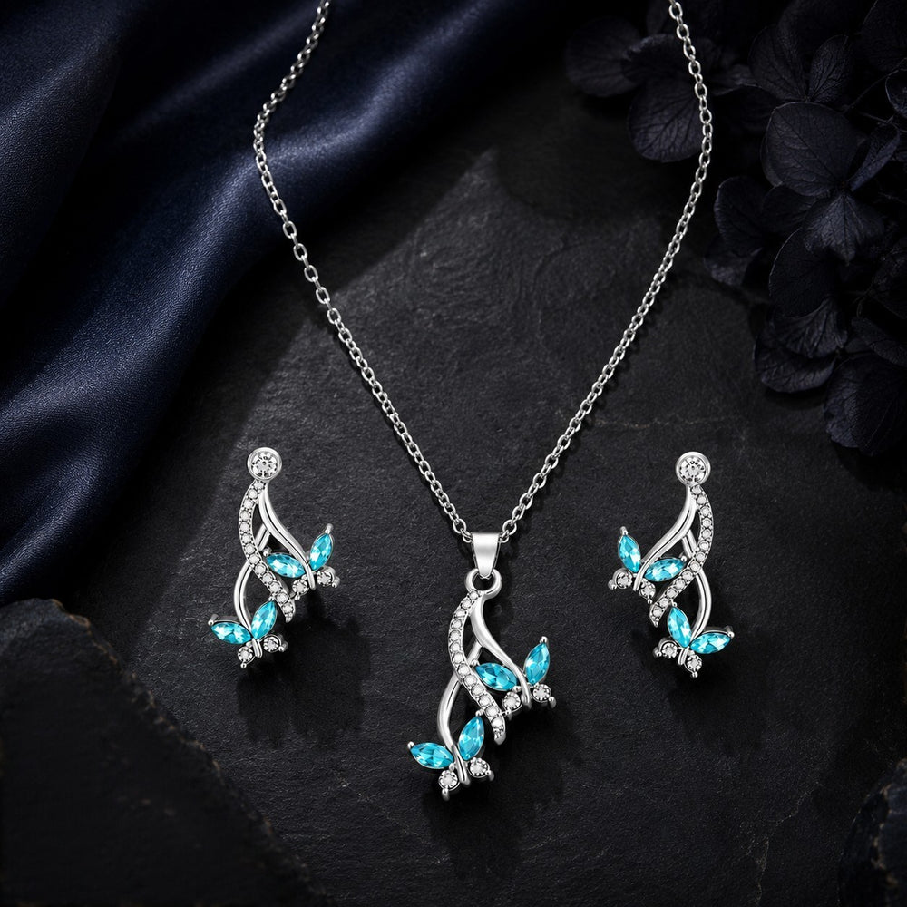 Aqua Blue Butterfly-Shaped Pendant Necklace Set