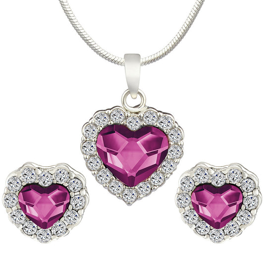 Valentine Gift Fushia Purple Heart Pendant Set with Swarovski Crystals