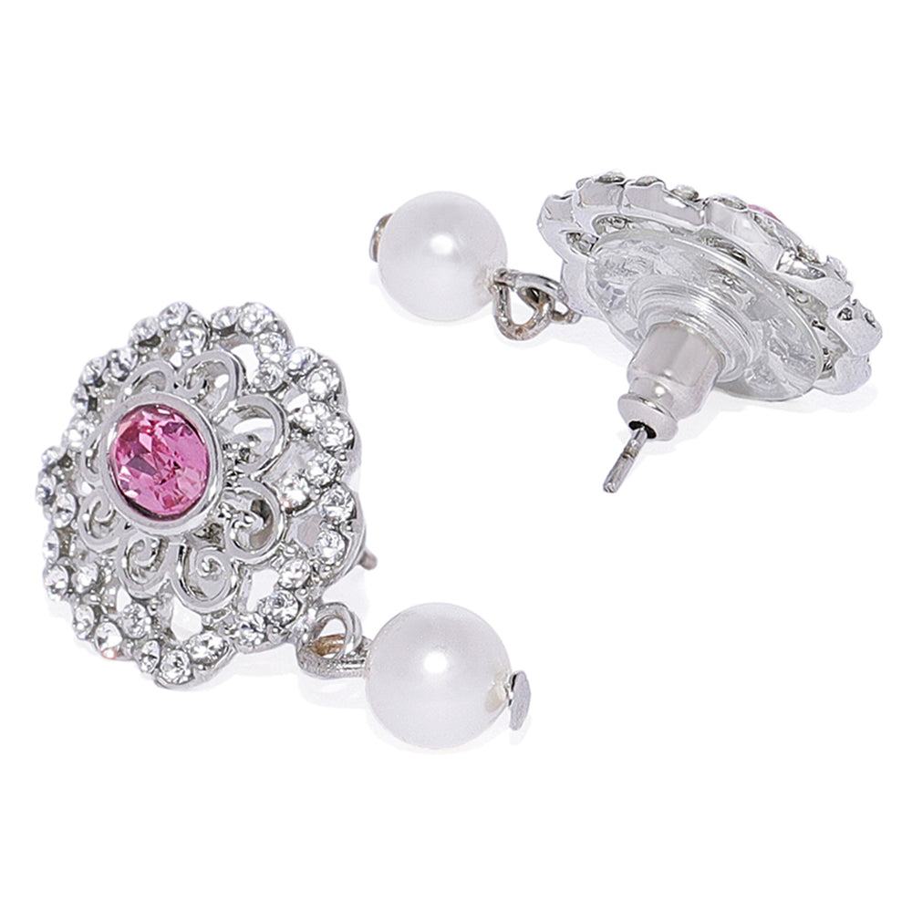Valentine Gift Pink and White Cubic Zirconia Floral Necklace Set