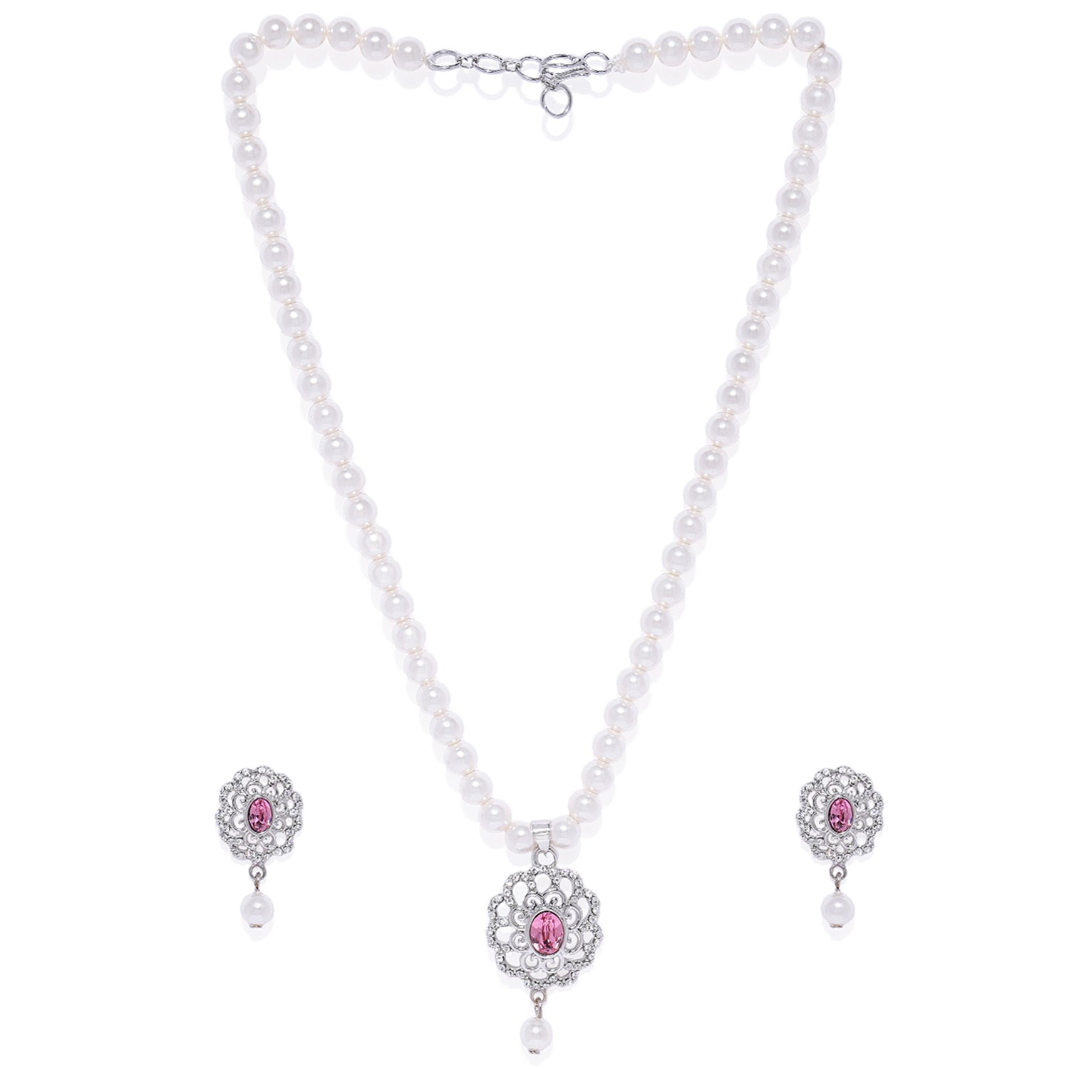 Valentine Gift Pink and White Swarovski Crystal Floral Necklace Set