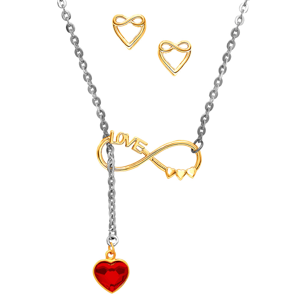 Dual tone Blissful Love adjustable lariat necklace set with Cubic Zirconia