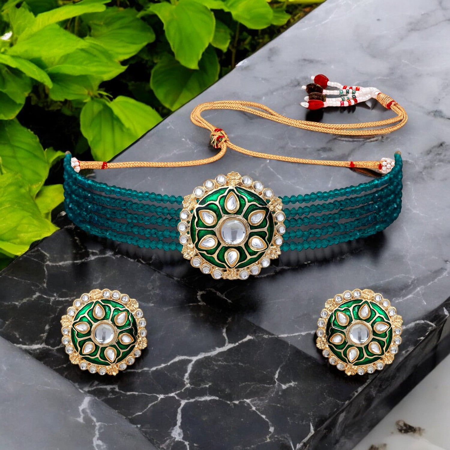 Green Meena Enamel Traditional Ethnic Choker Necklace Set