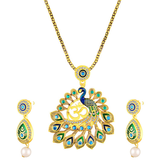 Peacock-Shaped Traditional Om Pendant Necklace Set