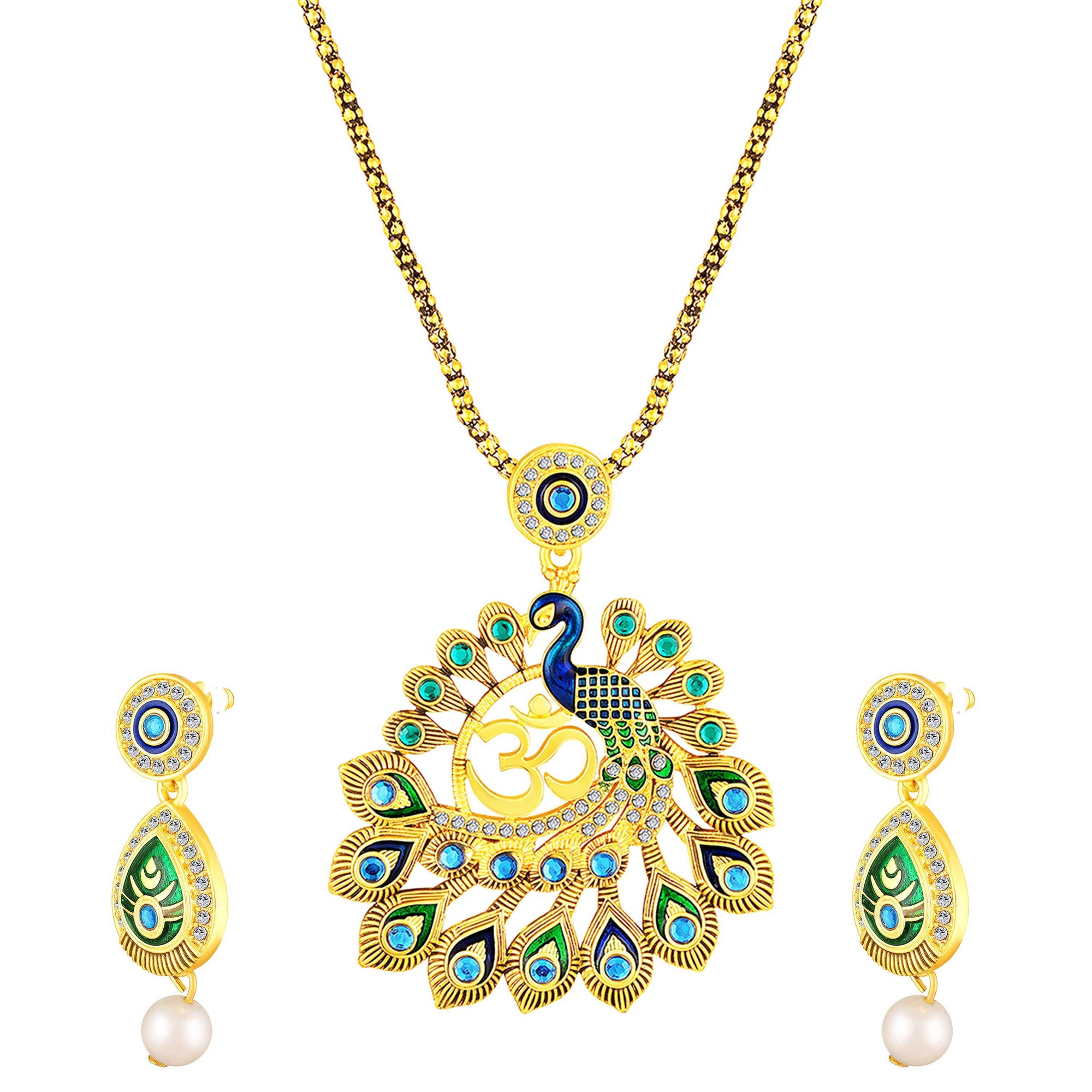 Peacock-Shaped Traditional Om Pendant Necklace Set