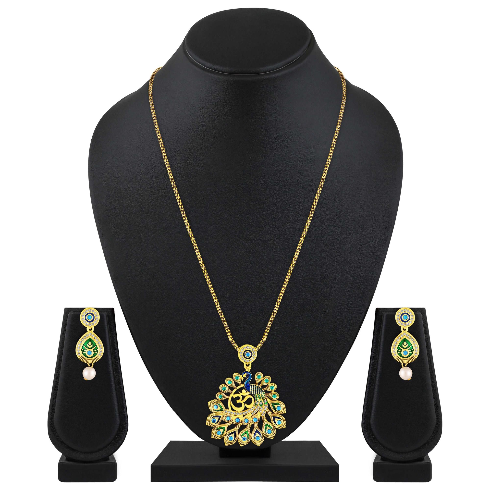 Peacock-Shaped Traditional Om Pendant Necklace Set