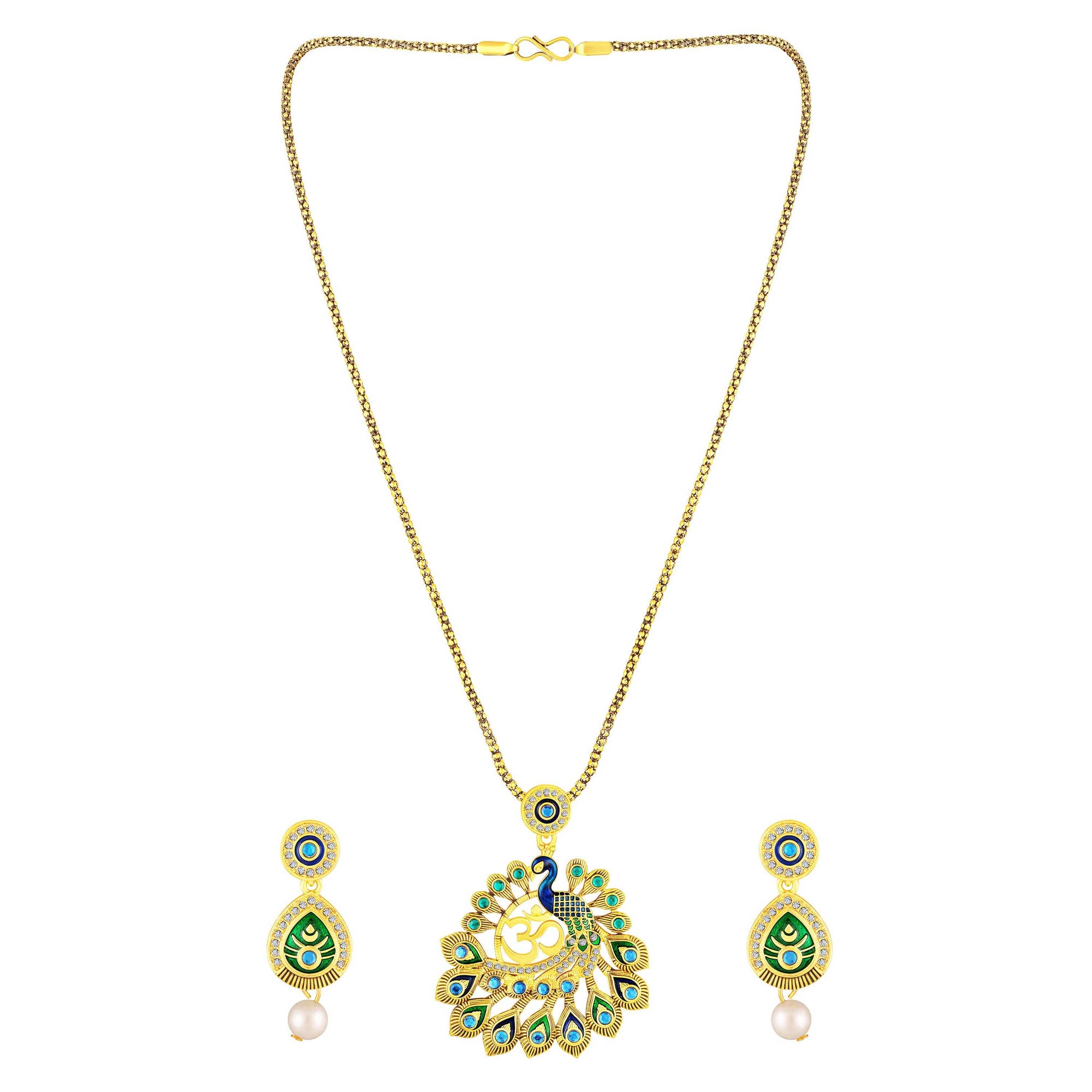 Peacock-Shaped Traditional Om Pendant Necklace Set