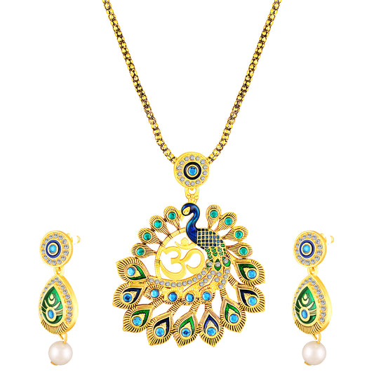 Peacock-Shaped Traditional Om Pendant Necklace Set
