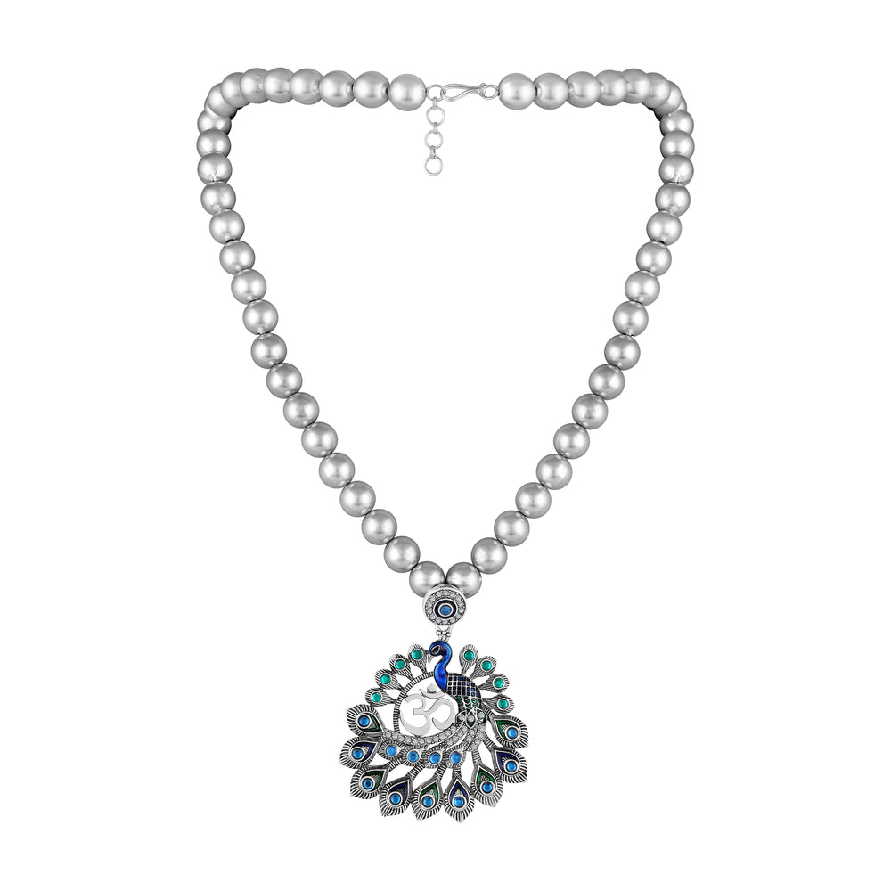 Peacock-Themed & Om Oxidised Silver Artificial Pearl Necklace Set