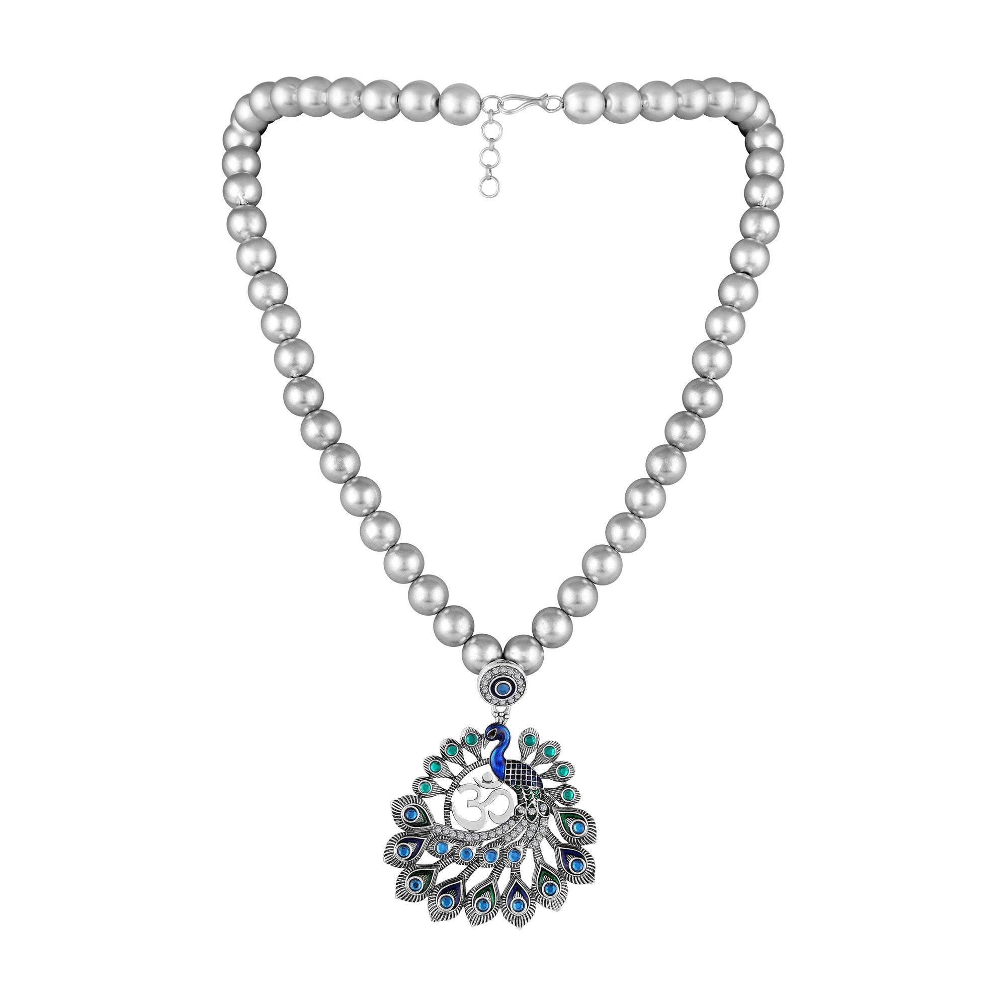 Peacock-Themed & Om Oxidised Silver Artificial Pearl Necklace Set
