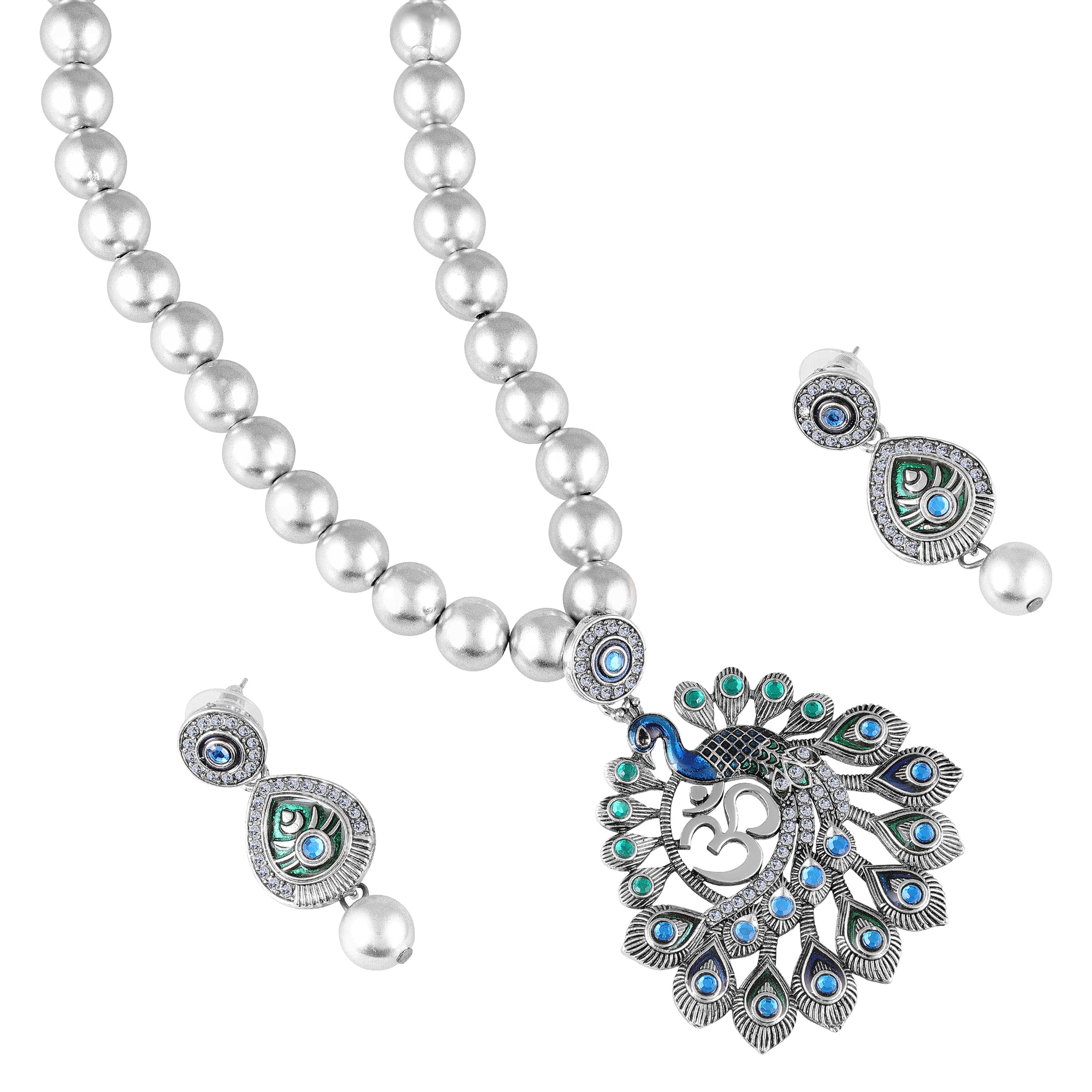 Peacock-Themed & Om Oxidised Silver Artificial Pearl Necklace Set